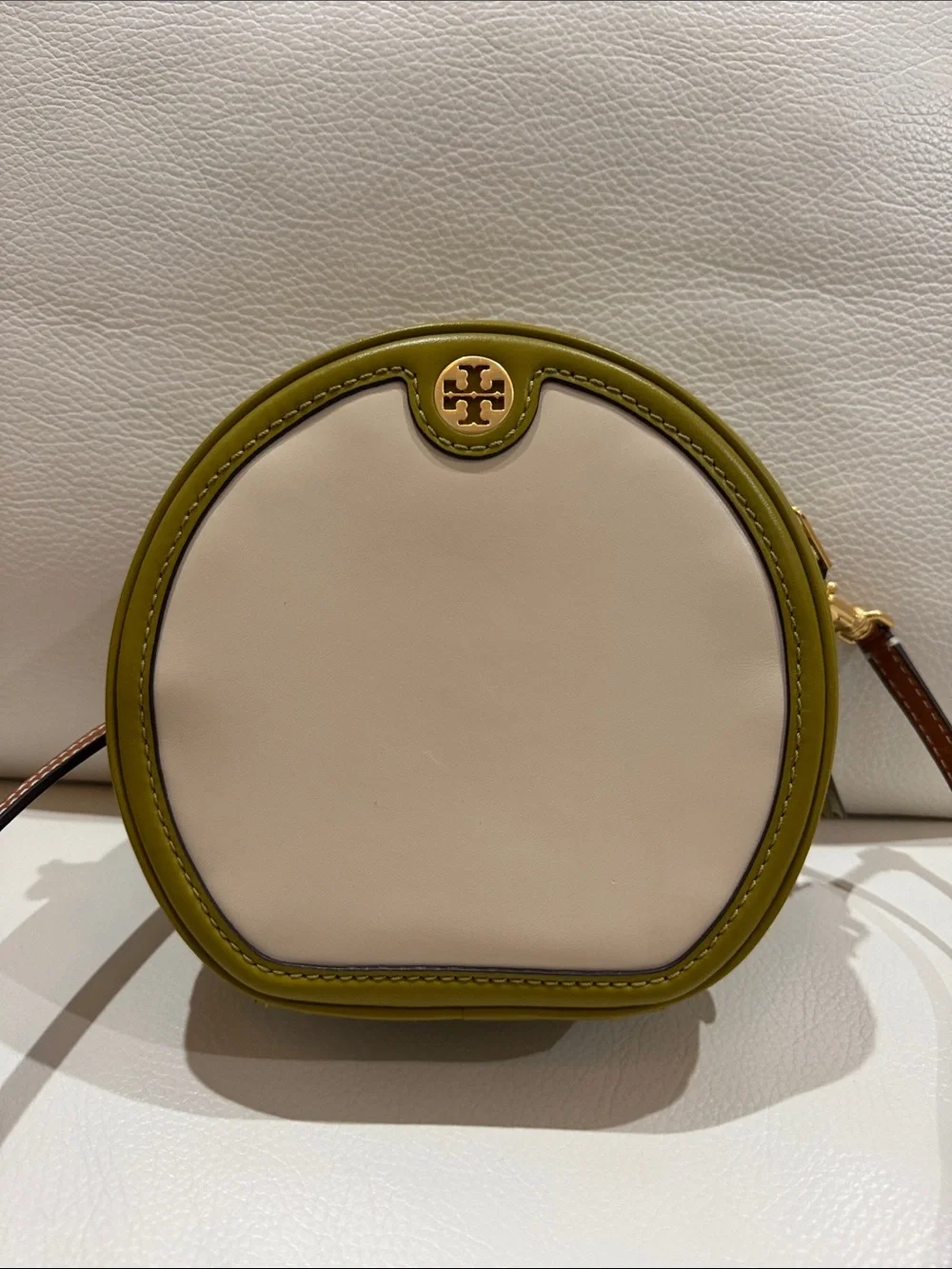 Tory Burch Olive Trim Cream Round Leather Crossbody bag